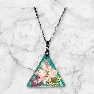 Handmade Pink And Turquoise Dried Flower  Pendant  Necklace 20" Chain NWT